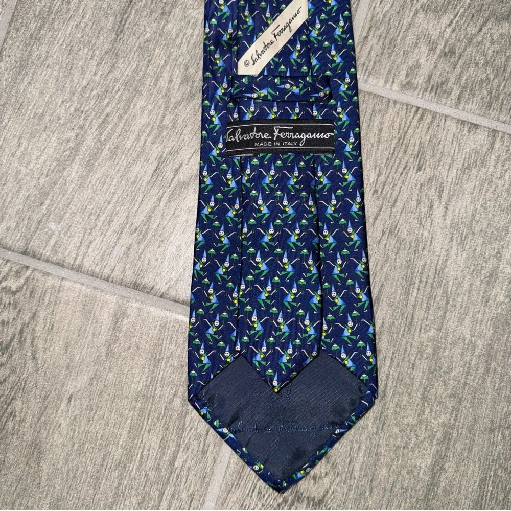 Salvatore Ferragamo Silk Tie Navy Whimsical‎ Gnome Elf Umbrella Print Novelty